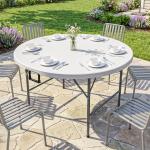 Mesa de Jardim Redonda Mesa de Varanda Dobrável com Estrutura de Aço e Bancada de HDPE Ø122x73 cm Branco