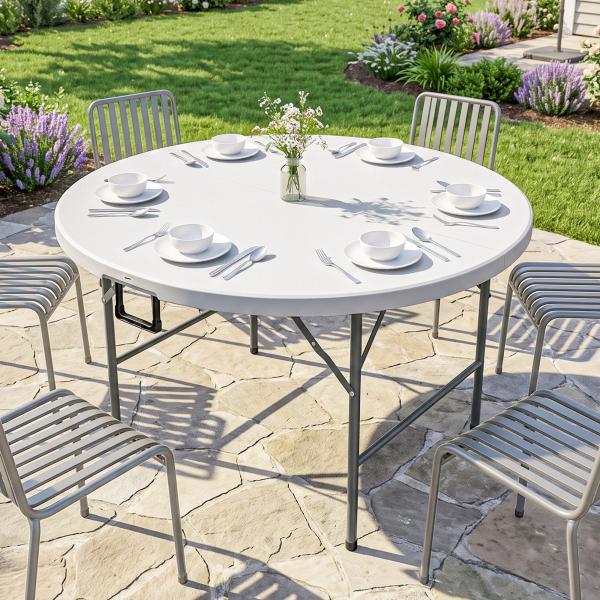 Mesa de Jardim Redonda Mesa de Varanda Dobrável com Estrutura de Aço e Bancada de HDPE Ø122x73 cm Branco