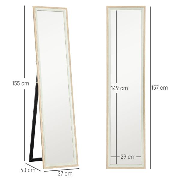 Espelho de Pé 37x157 cm Espelho de Corpo Inteiro com Estrutura de MDF e Suporte Branco e Madeira Clara