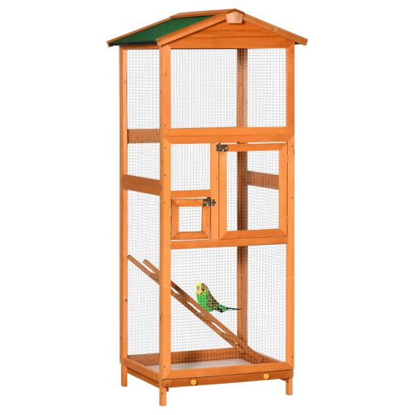 Gaiola para Pássaros Grande 68x63x165cm de Madeira de Abeto com 2 Portas Bandeja Amovível e Teto Asfáltico Madeira