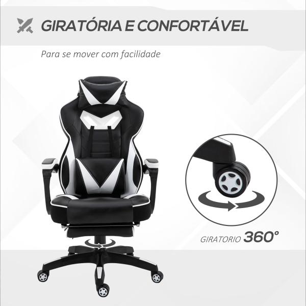 Cadeira de escritorio gaming ergonômica Altura ajustável Reclinável Encosto com apoio para pés 65x70x118,5 - 126,5 cm Branco e Preto