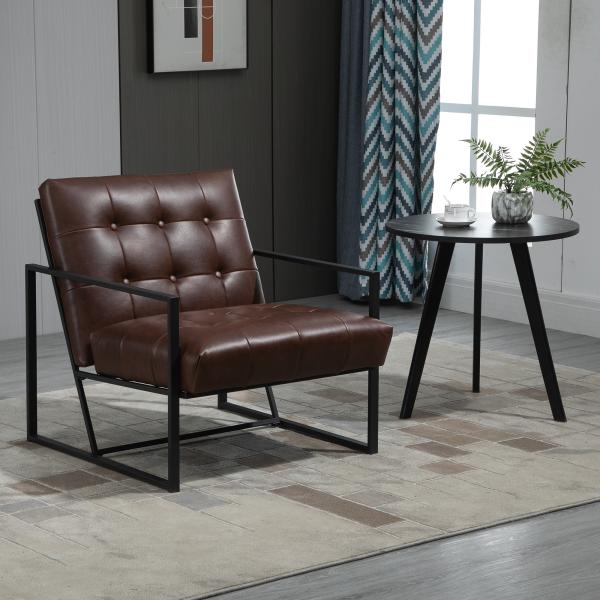 Cadeirão Chesterfield para Sala ou Escritório, Assento e Encosto Capitoné, Estrutura em Metal Preto, Pele Sintética Chocolate