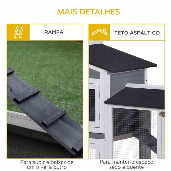 Coelheira de Madeira Exterior Gaiola para Coelhos de 2 Níveis com Teto Asfáltico 2 Cercados de Metal Bandeja Removível 3 Portas e Rampa 157,4x53x93,5 cm Cinza