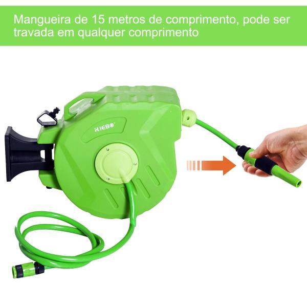 Carretel para Mangueira 15m+1,5m Enrolador de Mangueira Montado na Parede 180º Giratório 47,5x15,5x35,5cm Verde