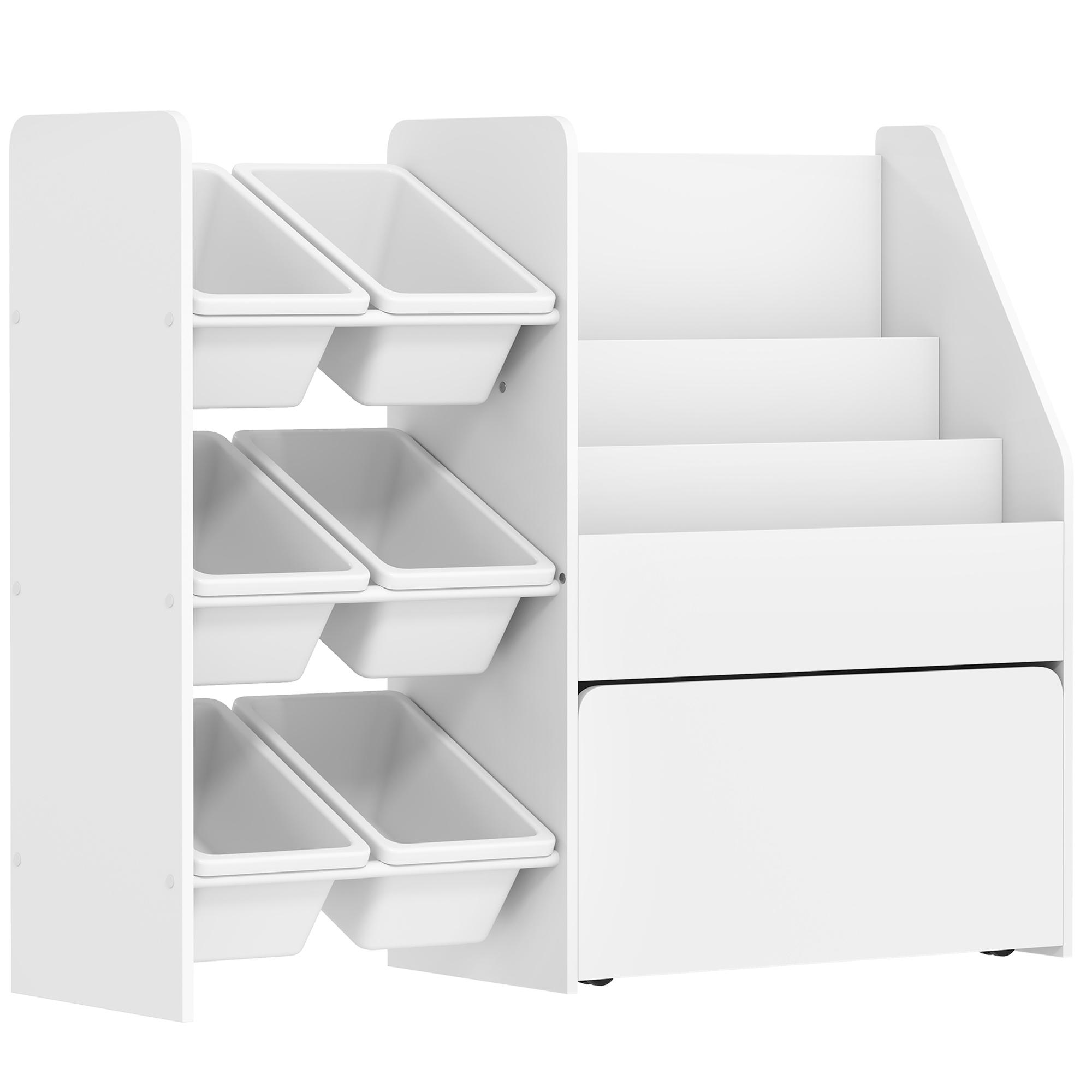 Estante Infantil para Brinquedos com 6 Caixas Removíveis 3 Prateleiras Abertas e Gaveta Inferior com Rodas 100x30x80 cm Branco