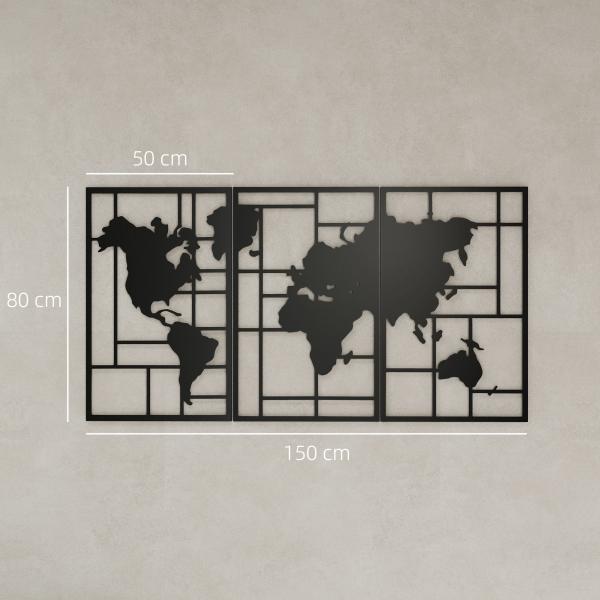 Decoração de Parede em Metal com Mapa Múndi Conjunto de 3 Peças Quadros de Parede Metálicos Preto