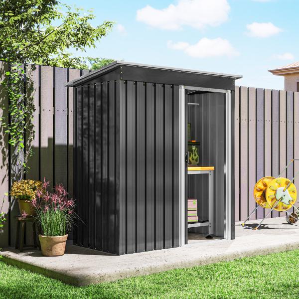Abrigo de Jardim Exterior 1,5 m² 163x89x182 cm Abrigo Metálico para Ferramentas com Porta de Correr e Teto Inclinado Preto