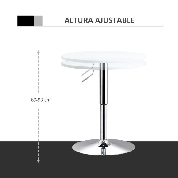 Mesa de bar ajustável em altura com base redonda e antideslizante para cozinha sala de jantar Ø60x69 - 93 cm Branco