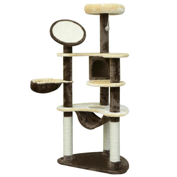 Árvore Arranhador para Gatos Grande Altura 153cm Torre de Escalada para Gatos com Caverna Redes Plataformas Postes Arranhadores de Sisal e Bola Suspensa Marrom e Bege