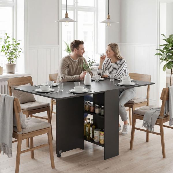 Mesa de Cozinha Dobrável com 2 Prateleiras de Armazenamento e Laterais Dobráveis 75x140x74 cm Preto