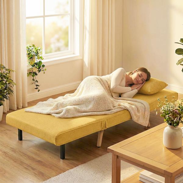 Sofá - Cama Individual Dobrável com Encosto Ajustável em 5 Posições, Sofá - Cama Estofado com Almofada 72x75x85 cm Amarelo