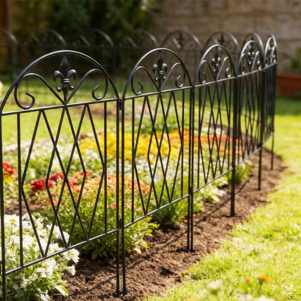 Conjunto de 4 Cercas de Jardim Metálicas 125x56 cm com Design Arqueado Resistentes e Fáceis de Instalar para Pátio Relvado Preto