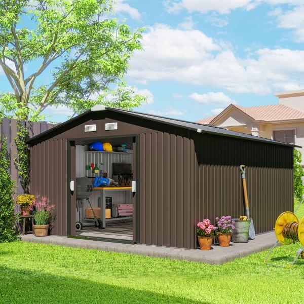 Abrigo de Jardim Exterior para Armazenamento de Ferramentas com 4 Janelas 12,4 m² 340x386x200 cm Castanho