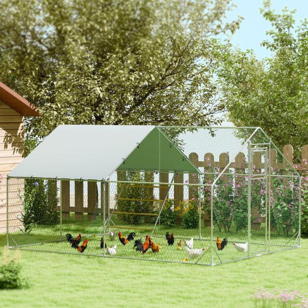 Galinheiro para Exterior 3x4 m Galinheiro de Aço Galvanizado com Comedouro Suspenso Tipo Espeto Poleiro Anti - UV Prata