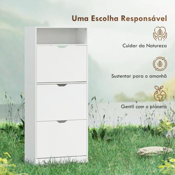 Sapateira Estreita com 3 Gavetas Rebatíveis Prateleiras Ajustáveis e Compartimento Aberto Capacidade para 12 - 18 Pares Branco