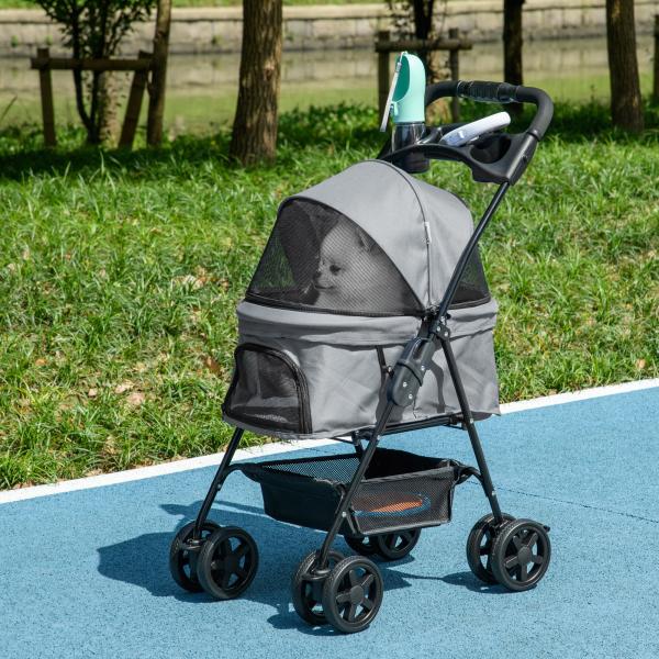 Carrinho de animal de estimação dobrável removível de aço Tecido Oxford Rodas giratórias Freios Janela para gatos pequenos Cães 67x45x96 cm Cinza