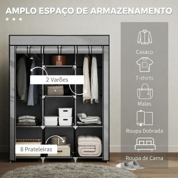 Roupeiro de Tecido Dobrável com 8 Prateleiras de Armazenamento e 2 Barras de Pendurar 125x43x162,5cm Cinza Claro