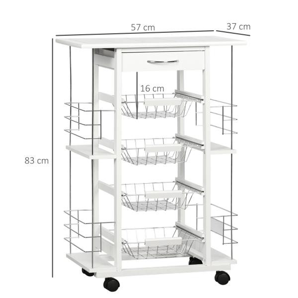 Carrinho de Cozinha com Rodas Gaveta 4 Cestas de Metal e 4 Suportes para Temperos Laterais 57x37x83cm Branco