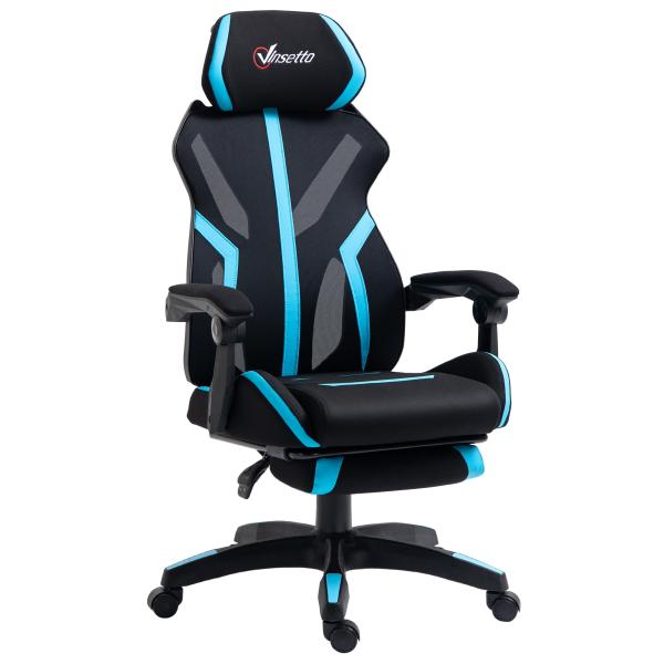 Cadeira de Gaming com Apoio para os Pés Retrátil Cadeira de Escritório Reclinável com Apoio para a Cabeça e Altura Ajustável 65x65x119 - 129cm Preto e Azul