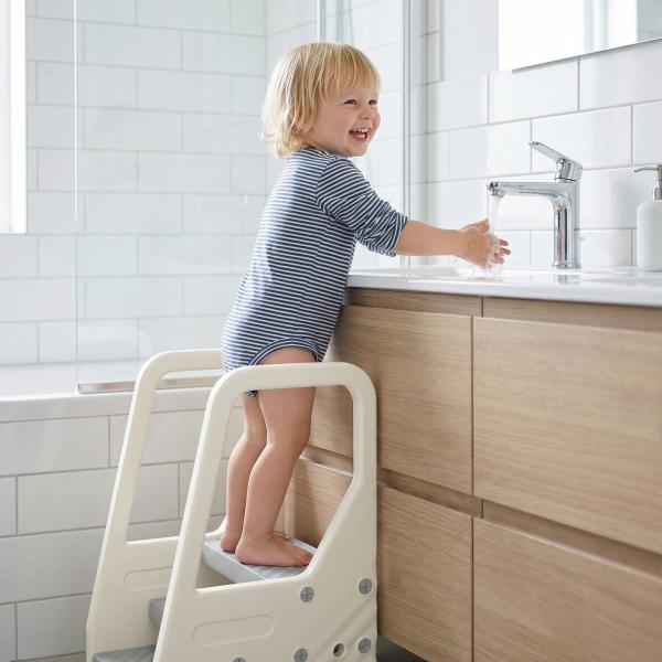 Banco Infantil Ajustável de 2 a 3 Degraus Torre de Aprendizagem Escada para Crianças de 2 - 5 Anos 43x42x65,5 cm Cinza