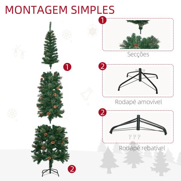 Árvore de Natal Artificial 225 cm Árvore de Natal com 706 Ramos Árvore de Natal Slim com 56 Pinhas Base Dobrável Ø58x225 cm Verde