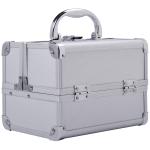 Estojo de Maquiagem Profissional Portátil de Cosméticos com Bandejas de 3 Níveis e Espelho 2 Chaves para Porta - Joias Manicure 15x15x20 cm Prata