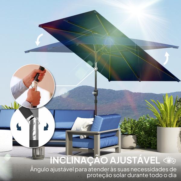 Chapéu de Sol de Alumínio 198x294x255 cm Chapéu Retangular de Jardim Inclinável com Manivela e Mastro Desmontável Azul - Marinho