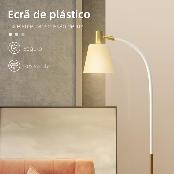 Candeeiro de Pé LED com Altura Ajustável Ecrã Interruptor para Sala de Estar Escritório Quarto 49x21x127 - 160 cm Branco e Dourado
