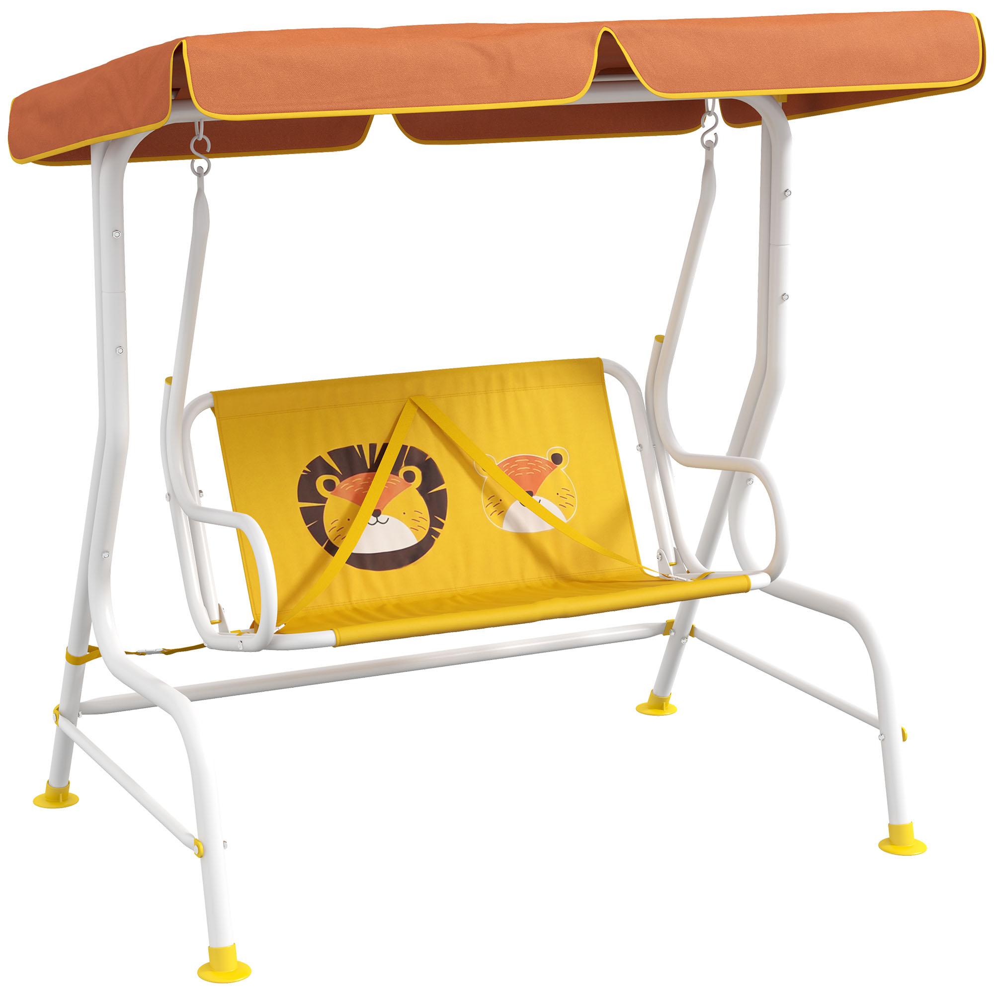 Balanço de Jardim Exterior Balanço de Jardim Infantil de 2 Lugares com Padrão de Leão Carga 60 kg 110x70x110 cm Amarelo