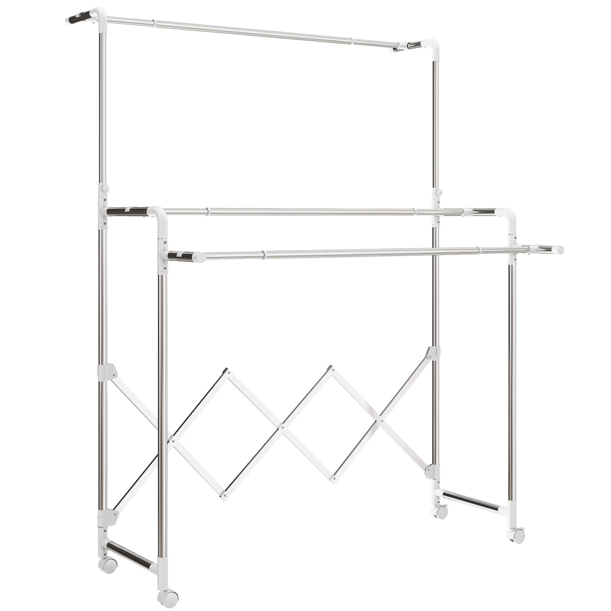 Estendal Vertical Dobrável de 3 Níveis Estendal de Aço Inoxidável com 3 Barras Ajustáveis e Extensíveis 4 Rodas 104 - 150x103x145 - 197 cm Prateado