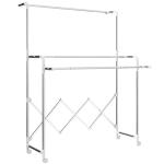 Estendal Vertical Dobrável de 3 Níveis Estendal de Aço Inoxidável com 3 Barras Ajustáveis e Extensíveis 4 Rodas 104 - 150x103x145 - 197 cm Prateado