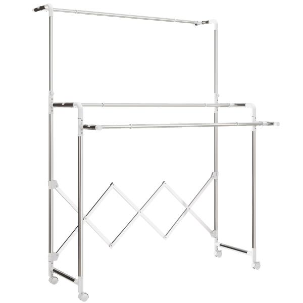 Estendal Vertical Dobrável de 3 Níveis Estendal de Aço Inoxidável com 3 Barras Ajustáveis e Extensíveis 4 Rodas 104 - 150x103x145 - 197 cm Prateado