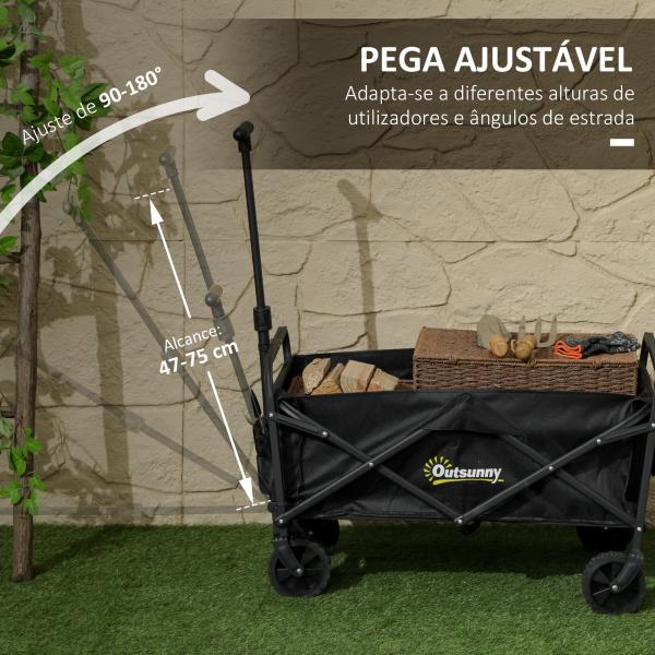 Carrinho de Transporte com Rodas Carrinho de Jardim Dobrável com Pega Telescópica Ajustável 2 Bolsas de Arrumação 64x42x27 cm Preto