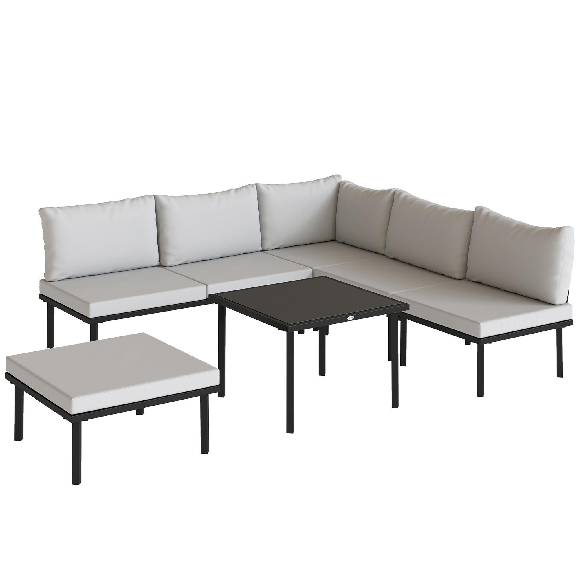 Conjunto de Jardim Exterior de 6 Peças com Sofá de 2 Lugares, Módulo de Canto, 2 Assentos, Apoio para Pés e Mesa de Vidro, Cinzento Claro