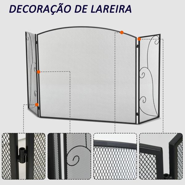 Frente para Lareira de 3 Painéis Dobrável com Dobradiças Estrutura Metálica e Malha Decorativa 132,5x76,5cm Preto