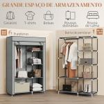 Roupeiro de Tecido Dobrável com 6 Prateleiras e 1 Barra de Pendurar para Dormitório Vestidor 103x43x162,5cm Cinza