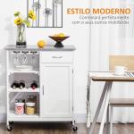 Carrinho de Cozinha com Rodas 1 Gaveta Prateleiras Suporte para 4 Garrafas e Armário Carga 40kg 76x48x88cm Branco e Cinza