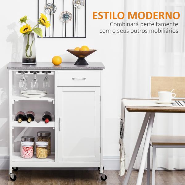 Carrinho de Cozinha com Rodas 1 Gaveta Prateleiras Suporte para 4 Garrafas e Armário Carga 40kg 76x48x88cm Branco e Cinza