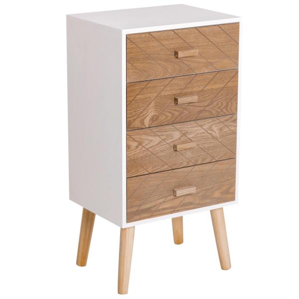 Mesa de Cabeceira com 4 Gavetas Amplo Espaço de Armazenamento para Dormitório 40x30x75 cm Branco e Madeira