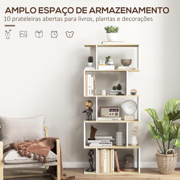 Estante para Livros Estilo Nórdico Estante com 5 Prateleiras Anti - Tombo Carga 25 kg 70x29,5x163 cm Branco e Madeira