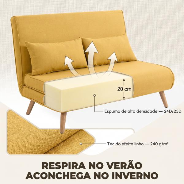 Sofá - Cama de 2 Lugares Dobrável Estofado em Linho com Encosto Ajustável em 5 Posições e 2 Almofadas Amarelo