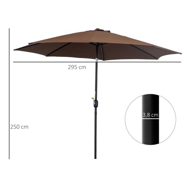 Chapéu de Sol de Jardim Ø295x250cm com Manivela Chapéu de Sol Exterior com Mecanismo de Inclinação e Mastro Desmontável de Metal para Terraço Piscina Pátio Café