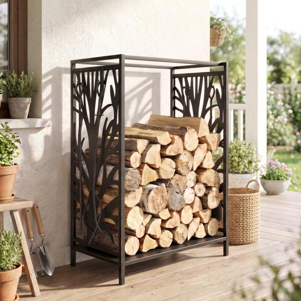 Suporte para Lenhas Suporte de Armazenamento para Lenhas 46x30x70 cm com 4 Ferramentas para Interior e Exterior Preto