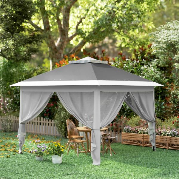 Tenda Dobrável 3,3x3,3 m Pop - up Altura Ajustável Teto Duplo Mosquiteiras Removíveis e Bolsa de Transporte Anti - UV Cinzento