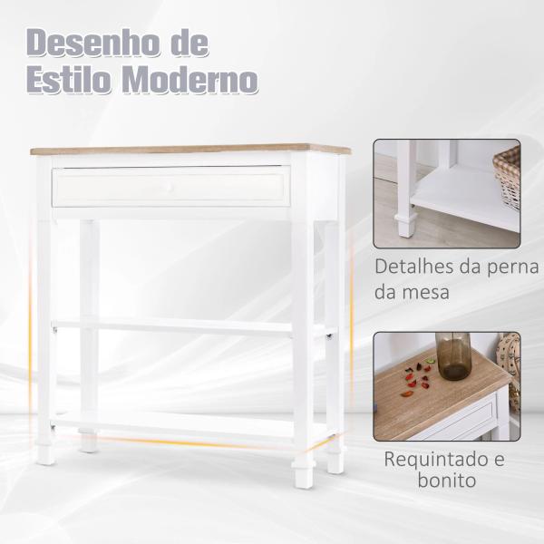 Mesa Consola Multifuncional Mesa Auxiliar para Sala de Estar Corredor Sala de Jantar com 2 Prateleiras 1 Gaveta Removível Puxador Estilo Retro Pinho 75,6x27,5x80,5 cm Madeira Natural e Branco