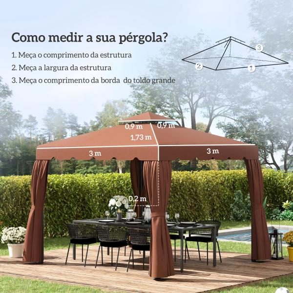 Toldo de Substituição para Pérgola 300x300 cm com Duplo Teto e 8 Orifícios de Drenagem Marrom