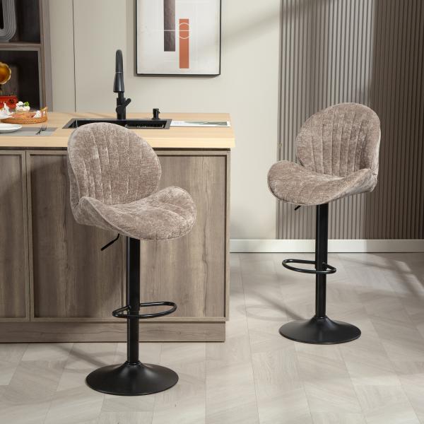Conjunto de 2 Bancos de Bar Giratórios em Chenille com Altura Ajustável 62 - 83 cm, Encosto e Apoio para os Pés, Moka