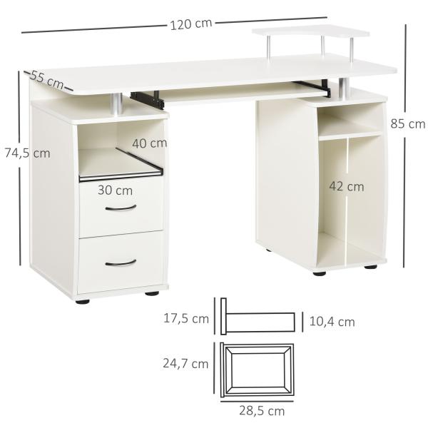 Mesa de Computador com Prateleiras 2 Gavetas Bandeja de Teclado e Suporte para Monitor e CPU 120x55x85 cm Branco