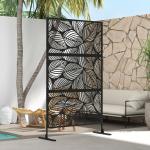 Biombo de Exterior Separador de Ambientes com 3 Peças com Padrão de Flores Grande e Estrutura de Aço 122x45x198 cm Preto