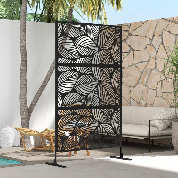 Biombo de Exterior Separador de Ambientes com 3 Peças com Padrão de Flores Grande e Estrutura de Aço 122x45x198 cm Preto